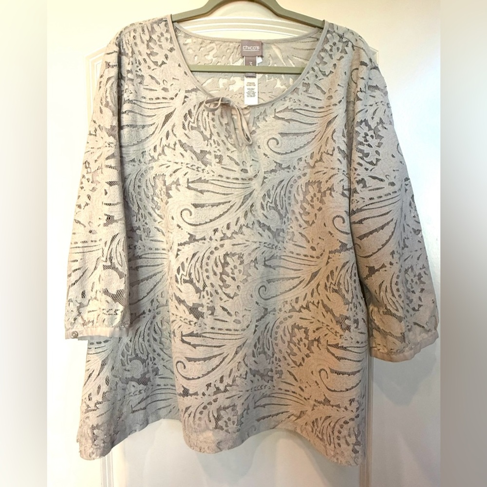 Chico's Sz 3 Beige Lace Blouse Top Sheer Coastal Grandma Feminine Lagenlook